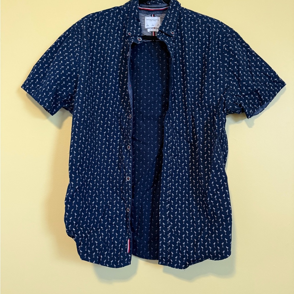 Denim & Flower Navy Blue Flamingo Button Down Shirt